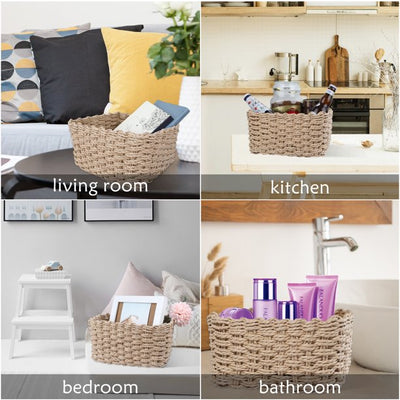 IDEAJOY Storage Basket Wicker Shelf Set of 3 Woven Organizer Beige Small Rope