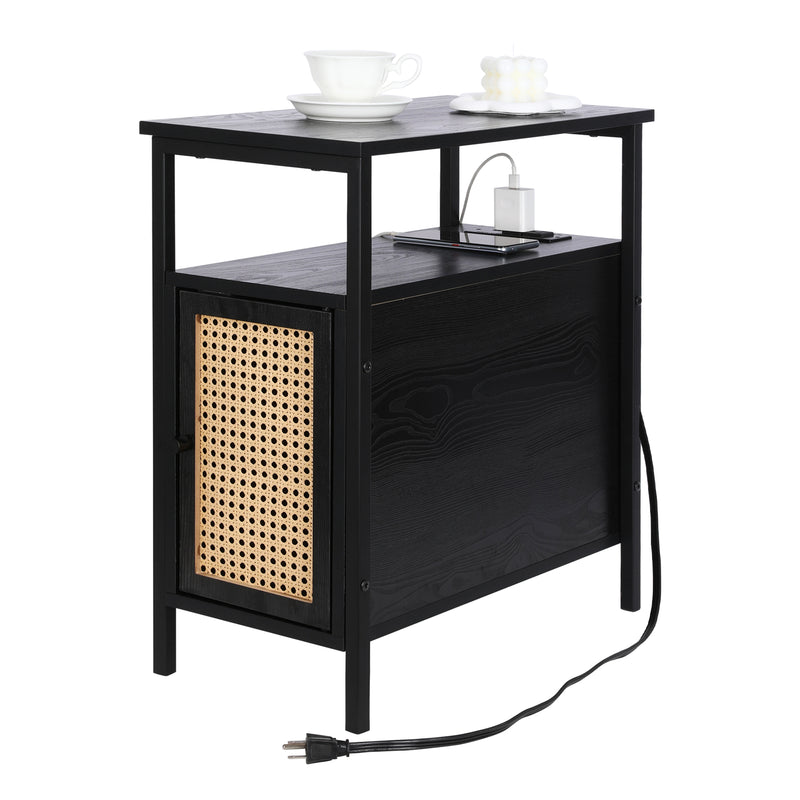 Narrow Side Table with Charging Station Nightstand Rattan Thin End Table with USB Ports & Power Outlets Mid Century Modern Skinny End Tables Side Tables
