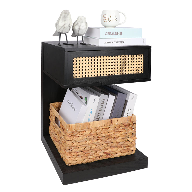 Rattan Nightstand, Black Side Table with Drawer, Modern Boho Nightstands, Mid-Century End Table with Storage, Small Side Tables Bedside Table for Bedroom Living Room Balcony (Black)