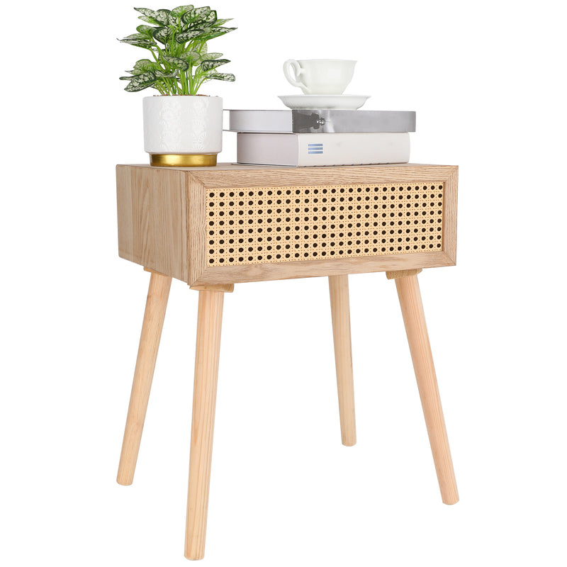 Chicgrowth Rattan Nightstand with Drawer Wooden End Side Accent Table Beige