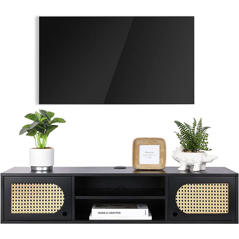 Floating TV Stand Wall Mounted, Mid Century Modern Media Console, Rattan Floating Entertainment Center, Black Floating TV Shelf, Floating TV Cabinet Under TV Shelf, Floating Wall Shelf, 39 inch
