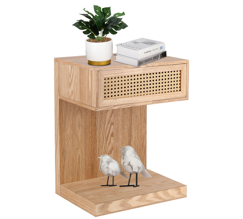 Rattan Nightstand, Side Table with Drawer, Modern Boho Nightstands, Mid-Century Coffee Table, End Table with Storage, Small Side Tables Bedside Table for Bedroom Living Room Balcony (Natural Brown)