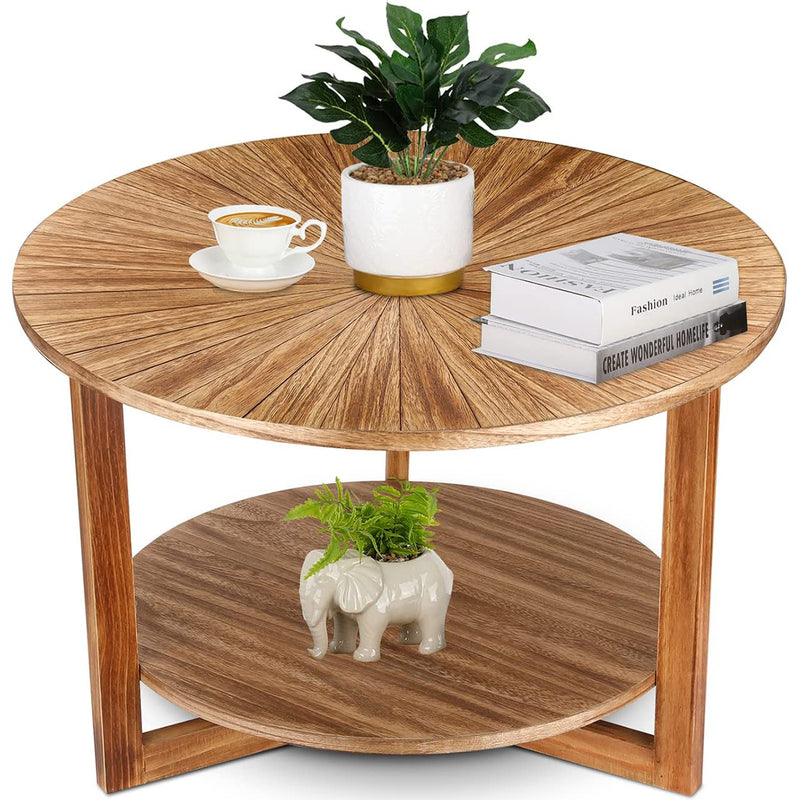 Coffee Tables for Living Room, Small Round Coffee Table with Storage, Mid Century Modern Solid Wood Coffee Table, Rustic Wooden Circle Center Table Living Room Furniture, Brown Tea Table