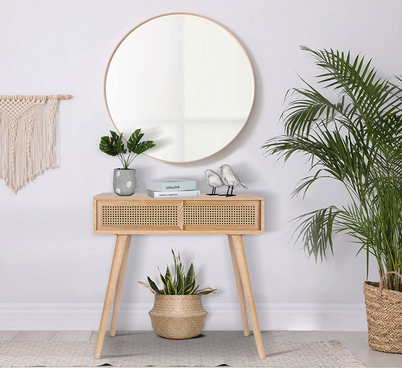 Console Table Beige, 31" Console Tables for Entryway Small Entryway Table, Vanity Desk Rattan Dresser Side Table Entry Table Narrow Console Table Modern Hallway Table Boho Sofa Table for Living Room