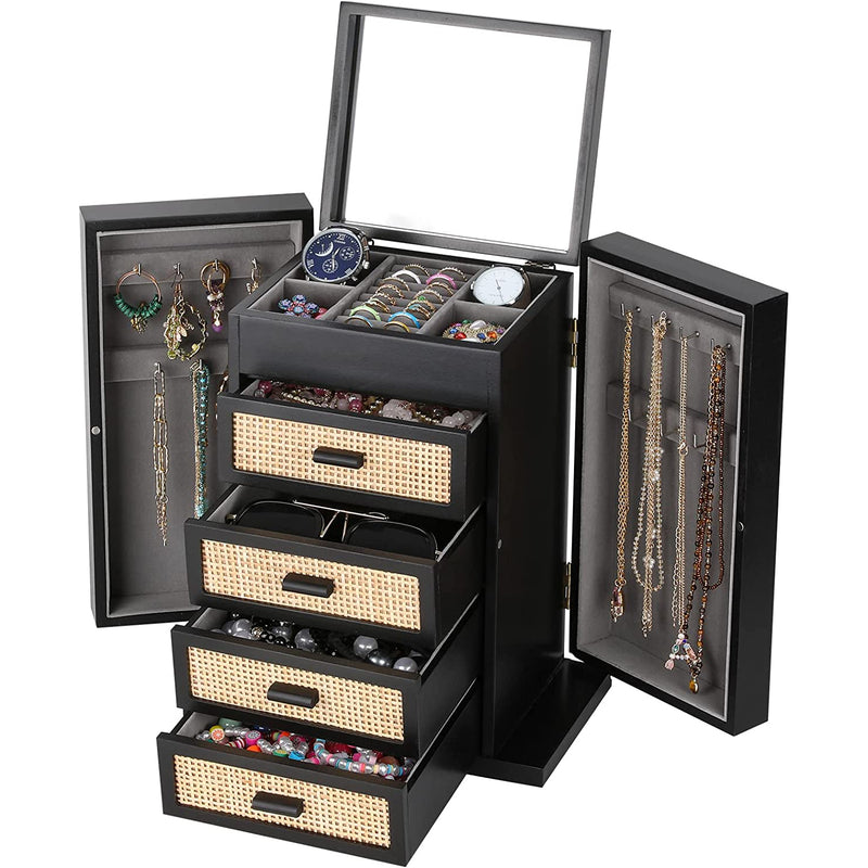 Jewelry Organizer, Rattan Jewelry Box, 5 Layer Wooden Jewelry Organizer Box with Mirror, Jewelry Boxes with 4 Drawers for Women Men, Black Jewelry Storage for Rings Earrings Necklaces Bracelets Watch