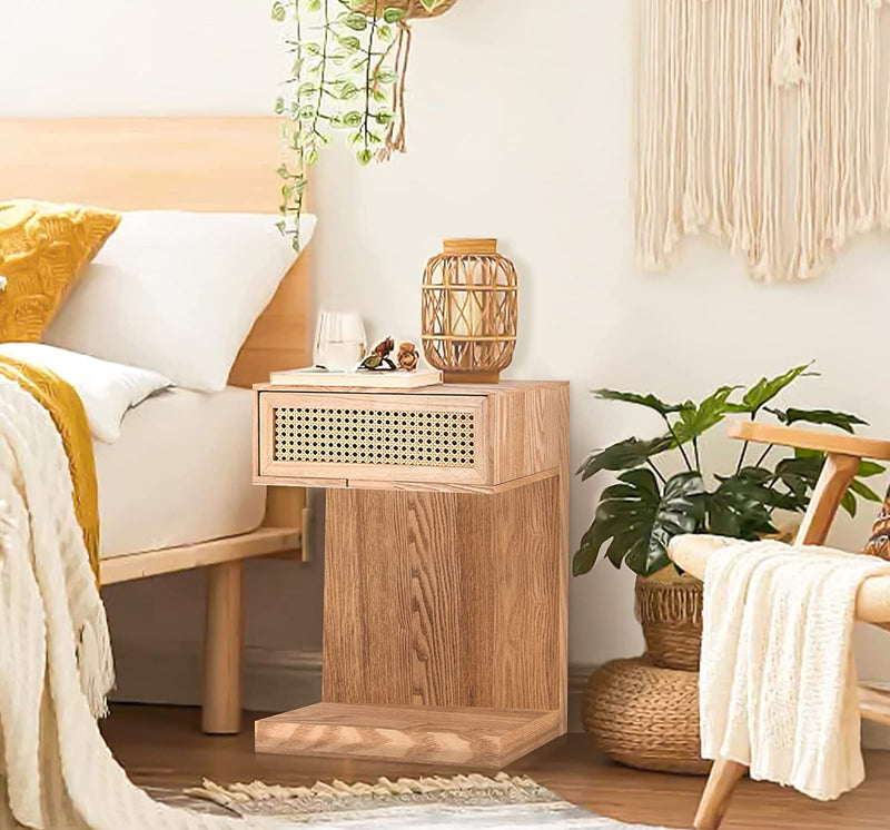 Rattan Nightstand, Side Table with Drawer, Modern Boho Nightstands, Mid-Century Coffee Table, End Table with Storage, Small Side Tables Bedside Table for Bedroom Living Room Balcony (Natural Brown)