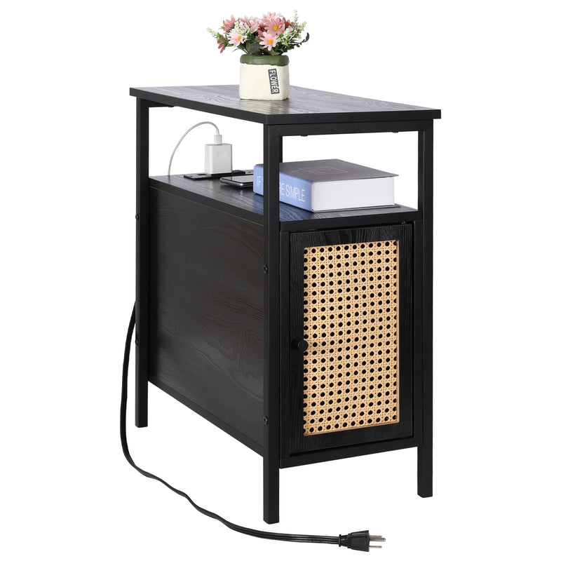 Narrow Side Table with Charging Station Nightstand Rattan Thin End Table with USB Ports & Power Outlets Mid Century Modern Skinny End Tables Side Tables