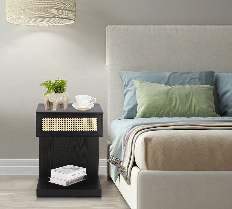 Rattan Nightstand, Black Side Table with Drawer, Modern Boho Nightstands, Mid-Century End Table with Storage, Small Side Tables Bedside Table for Bedroom Living Room Balcony (Black)