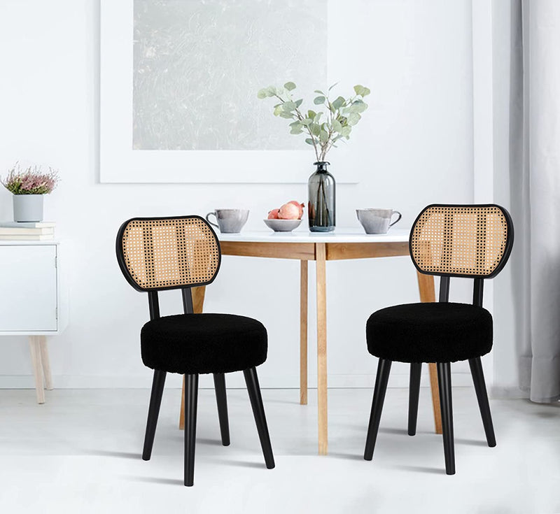 Rattan Dining Chair Black, Mid Century Modern Boucle Chair, Black Dining Chairs, Upholstered Wood Accent Chair, Cute Sherpa Chair, Living Room Bar Stool Chair, Boho Makeup Vanity Chair