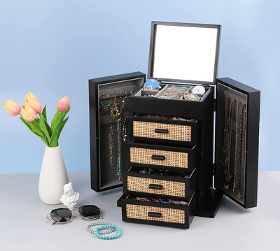 Jewelry Organizer, Rattan Jewelry Box, 5 Layer Wooden Jewelry Organizer Box with Mirror, Jewelry Boxes with 4 Drawers for Women Men, Black Jewelry Storage for Rings Earrings Necklaces Bracelets Watch