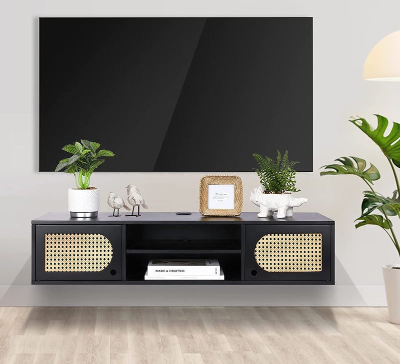 Floating TV Stand Wall Mounted, Mid Century Modern Media Console, Rattan Floating Entertainment Center, Black Floating TV Shelf, Floating TV Cabinet Under TV Shelf, Floating Wall Shelf, 39 inch
