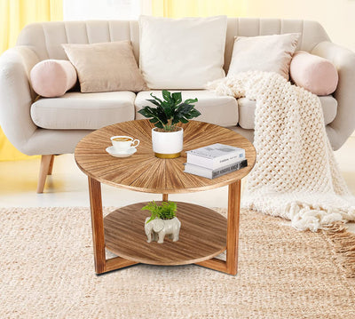 Coffee Tables for Living Room, Small Round Coffee Table with Storage, Mid Century Modern Solid Wood Coffee Table, Rustic Wooden Circle Center Table Living Room Furniture, Brown Tea Table