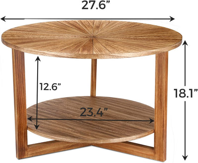 Coffee Tables for Living Room, Small Round Coffee Table with Storage, Mid Century Modern Solid Wood Coffee Table, Rustic Wooden Circle Center Table Living Room Furniture, Brown Tea Table