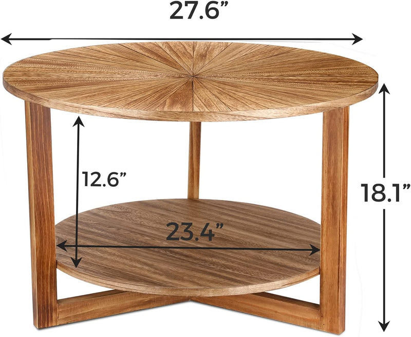 Coffee Tables for Living Room, Small Round Coffee Table with Storage, Mid Century Modern Solid Wood Coffee Table, Rustic Wooden Circle Center Table Living Room Furniture, Brown Tea Table