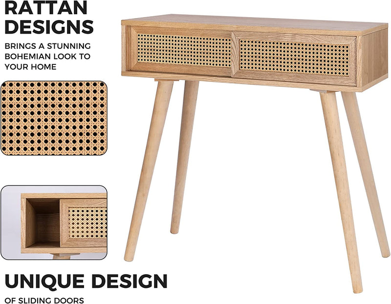 Console Table Beige, 31" Console Tables for Entryway Small Entryway Table, Vanity Desk Rattan Dresser Side Table Entry Table Narrow Console Table Modern Hallway Table Boho Sofa Table for Living Room