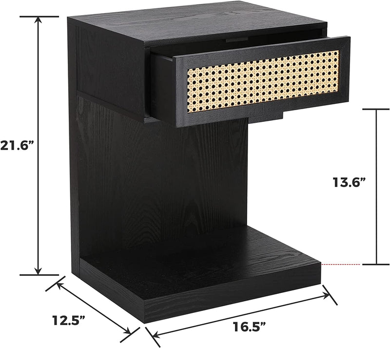 Rattan Nightstand, Black Side Table with Drawer, Modern Boho Nightstands, Mid-Century End Table with Storage, Small Side Tables Bedside Table for Bedroom Living Room Balcony (Black)