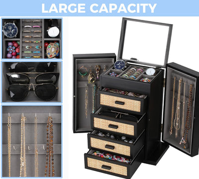 Jewelry Organizer, Rattan Jewelry Box, 5 Layer Wooden Jewelry Organizer Box with Mirror, Jewelry Boxes with 4 Drawers for Women Men, Black Jewelry Storage for Rings Earrings Necklaces Bracelets Watch