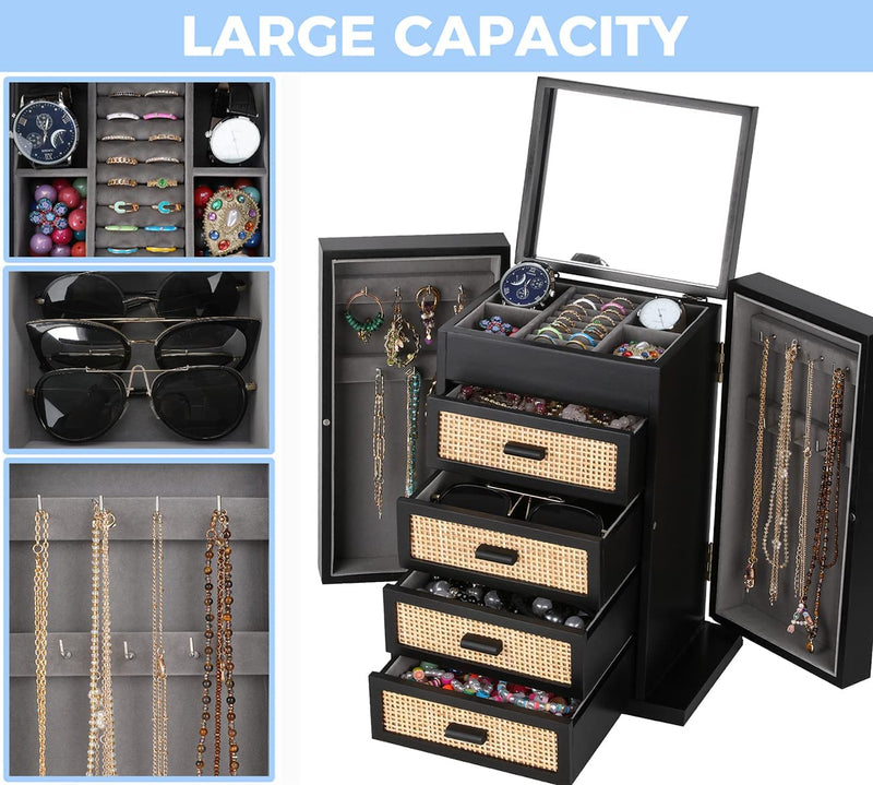 Jewelry Organizer, Rattan Jewelry Box, 5 Layer Wooden Jewelry Organizer Box with Mirror, Jewelry Boxes with 4 Drawers for Women Men, Black Jewelry Storage for Rings Earrings Necklaces Bracelets Watch