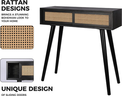 Console Table Black, 31" Console Tables for Entryway Small Entryway Table, Vanity Desk Rattan Dresser Side Table Entry Table Narrow Console Table Modern Hallway Table Boho Sofa Table for Living Room