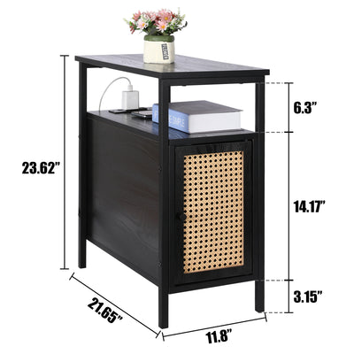 Narrow Side Table with Charging Station Nightstand Rattan Thin End Table with USB Ports & Power Outlets Mid Century Modern Skinny End Tables Side Tables