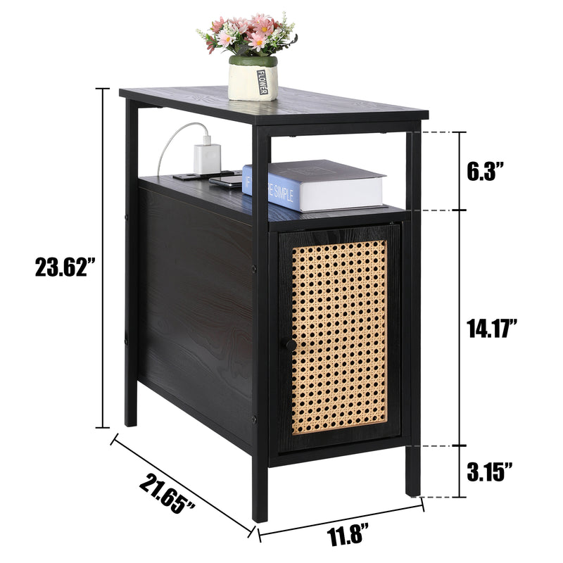Narrow Side Table with Charging Station Nightstand Rattan Thin End Table with USB Ports & Power Outlets Mid Century Modern Skinny End Tables Side Tables