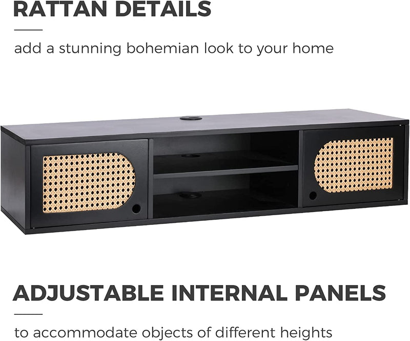 Floating TV Stand Wall Mounted, Mid Century Modern Media Console, Rattan Floating Entertainment Center, Black Floating TV Shelf, Floating TV Cabinet Under TV Shelf, Floating Wall Shelf, 39 inch