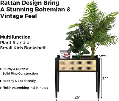 Plant Stand for Indoor Outdoor Plants, Small Kids Bookshelf, Rattan Black Plant Stands, Plant Shelf Holder Indoor for Flower Pot, Mid Century Wood Plant Stand for Living Room Balcony Garden Patio