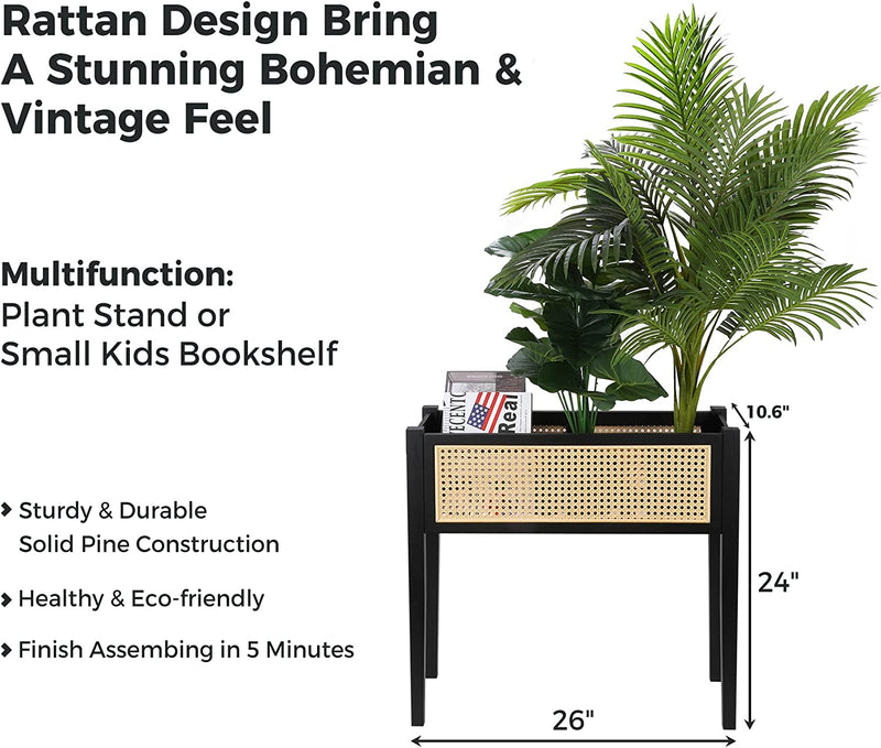 Plant Stand for Indoor Outdoor Plants, Small Kids Bookshelf, Rattan Black Plant Stands, Plant Shelf Holder Indoor for Flower Pot, Mid Century Wood Plant Stand for Living Room Balcony Garden Patio