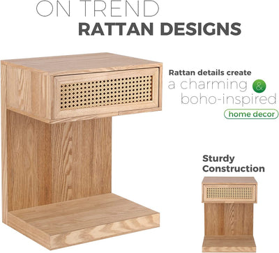 Rattan Nightstand, Side Table with Drawer, Modern Boho Nightstands, Mid-Century Coffee Table, End Table with Storage, Small Side Tables Bedside Table for Bedroom Living Room Balcony (Natural Brown)