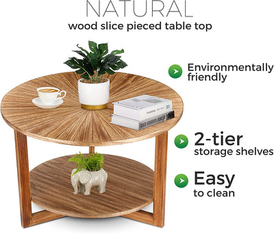Coffee Tables for Living Room, Small Round Coffee Table with Storage, Mid Century Modern Solid Wood Coffee Table, Rustic Wooden Circle Center Table Living Room Furniture, Brown Tea Table