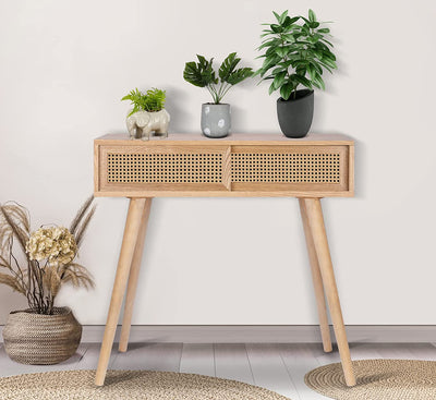 Console Table Beige, 31" Console Tables for Entryway Small Entryway Table, Vanity Desk Rattan Dresser Side Table Entry Table Narrow Console Table Modern Hallway Table Boho Sofa Table for Living Room