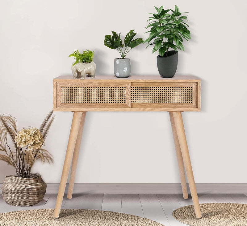 Console Table Beige, 31" Console Tables for Entryway Small Entryway Table, Vanity Desk Rattan Dresser Side Table Entry Table Narrow Console Table Modern Hallway Table Boho Sofa Table for Living Room