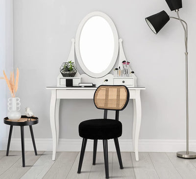 Rattan Dining Chair Black, Mid Century Modern Boucle Chair, Black Dining Chairs, Upholstered Wood Accent Chair, Cute Sherpa Chair, Living Room Bar Stool Chair, Boho Makeup Vanity Chair