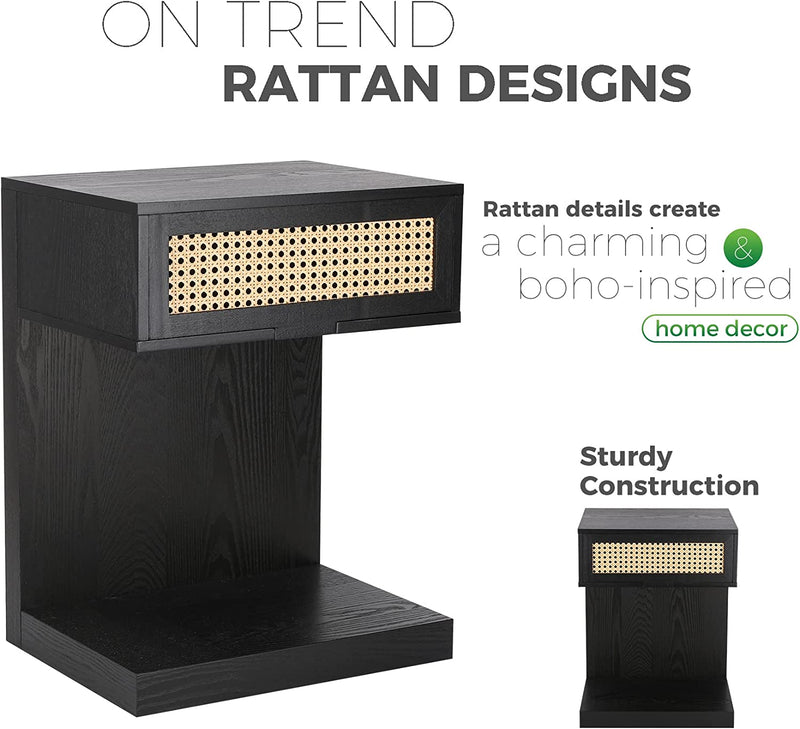 Rattan Nightstand, Black Side Table with Drawer, Modern Boho Nightstands, Mid-Century End Table with Storage, Small Side Tables Bedside Table for Bedroom Living Room Balcony (Black)