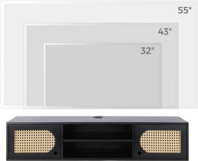 Floating TV Stand Wall Mounted, Mid Century Modern Media Console, Rattan Floating Entertainment Center, Black Floating TV Shelf, Floating TV Cabinet Under TV Shelf, Floating Wall Shelf, 39 inch