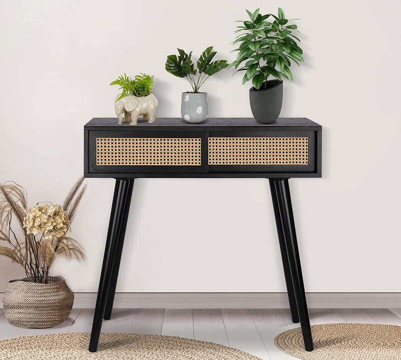 Console Table Black, 31" Console Tables for Entryway Small Entryway Table, Vanity Desk Rattan Dresser Side Table Entry Table Narrow Console Table Modern Hallway Table Boho Sofa Table for Living Room