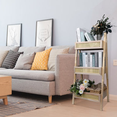 Chicgrowth 3 Shelves Bookcase Rattan Storage Bookshelf Beige