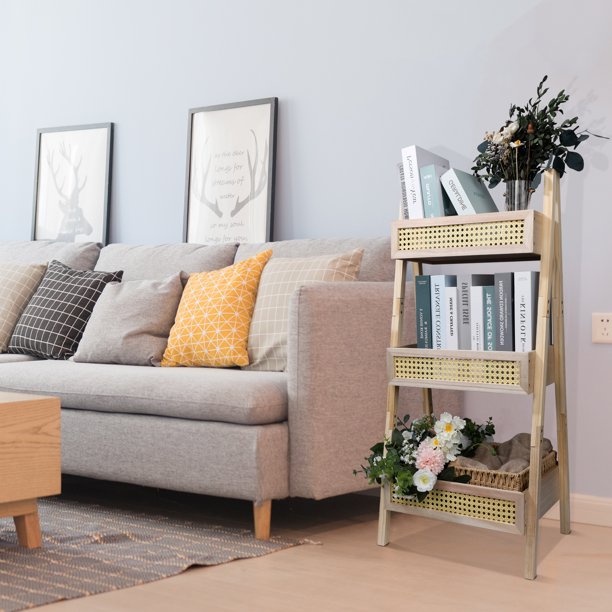 Chicgrowth 3 Shelves Bookcase Rattan Storage Bookshelf Beige