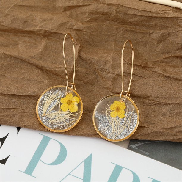 IDEAJOY Bohemian Style Dried Flower Earrings Sterling Silver Drop Hoop