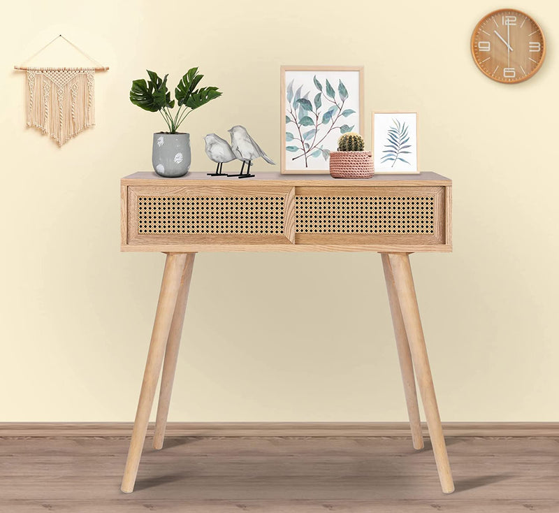 Console Table Beige, 31" Console Tables for Entryway Small Entryway Table, Vanity Desk Rattan Dresser Side Table Entry Table Narrow Console Table Modern Hallway Table Boho Sofa Table for Living Room