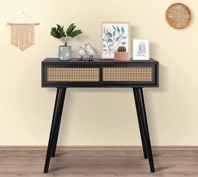 Console Table Black, 31" Console Tables for Entryway Small Entryway Table, Vanity Desk Rattan Dresser Side Table Entry Table Narrow Console Table Modern Hallway Table Boho Sofa Table for Living Room