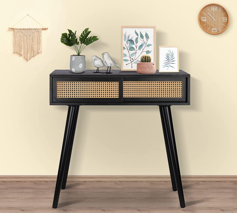 Console Table Black, 31" Console Tables for Entryway Small Entryway Table, Vanity Desk Rattan Dresser Side Table Entry Table Narrow Console Table Modern Hallway Table Boho Sofa Table for Living Room