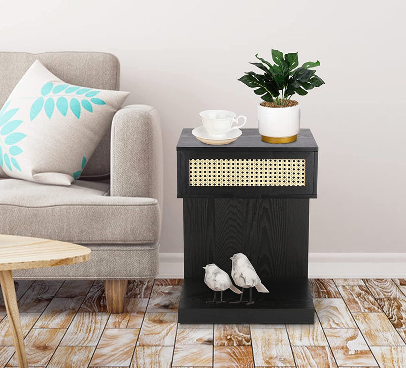 Rattan Nightstand, Black Side Table with Drawer, Modern Boho Nightstands, Mid-Century End Table with Storage, Small Side Tables Bedside Table for Bedroom Living Room Balcony (Black)