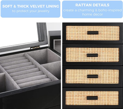 Jewelry Organizer, Rattan Jewelry Box, 5 Layer Wooden Jewelry Organizer Box with Mirror, Jewelry Boxes with 4 Drawers for Women Men, Black Jewelry Storage for Rings Earrings Necklaces Bracelets Watch