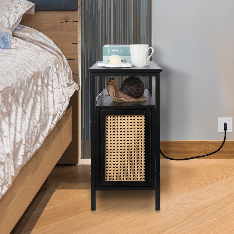Narrow Side Table with Charging Station Nightstand Rattan Thin End Table with USB Ports & Power Outlets Mid Century Modern Skinny End Tables Side Tables