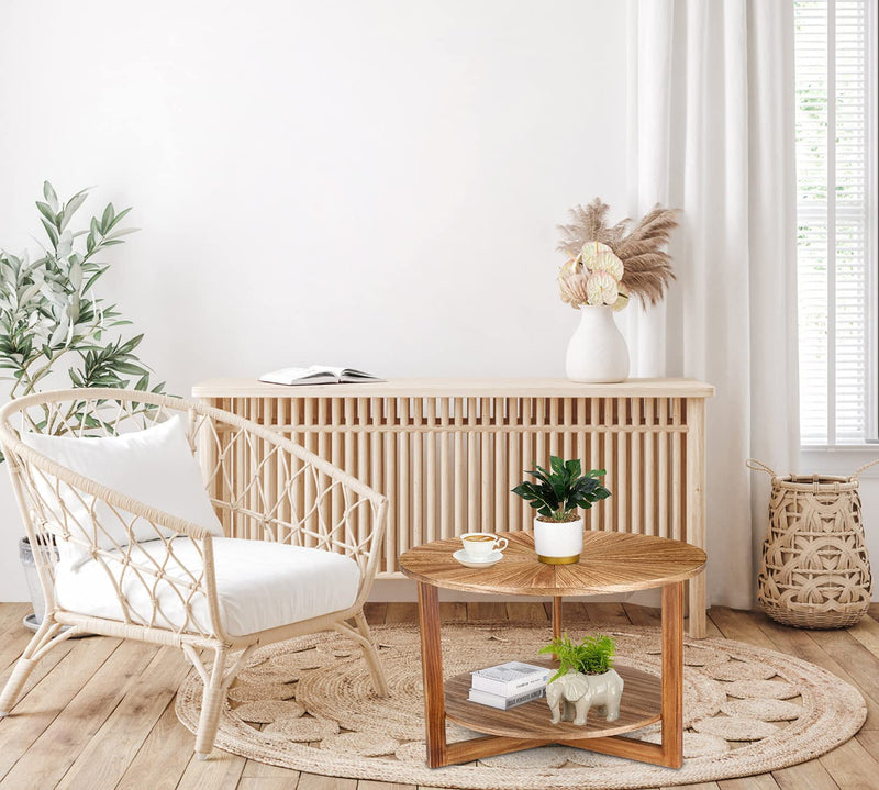 Coffee Tables for Living Room, Small Round Coffee Table with Storage, Mid Century Modern Solid Wood Coffee Table, Rustic Wooden Circle Center Table Living Room Furniture, Brown Tea Table