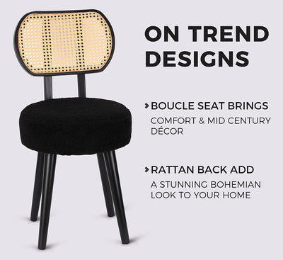 Rattan Dining Chair Black, Mid Century Modern Boucle Chair, Black Dining Chairs, Upholstered Wood Accent Chair, Cute Sherpa Chair, Living Room Bar Stool Chair, Boho Makeup Vanity Chair