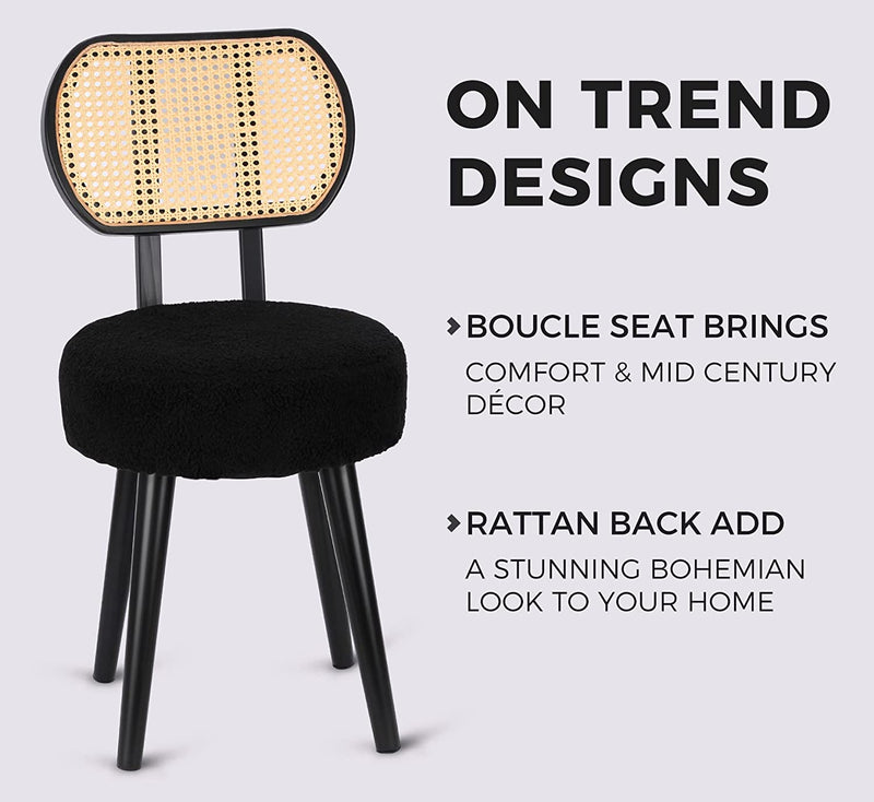Rattan Dining Chair Black, Mid Century Modern Boucle Chair, Black Dining Chairs, Upholstered Wood Accent Chair, Cute Sherpa Chair, Living Room Bar Stool Chair, Boho Makeup Vanity Chair