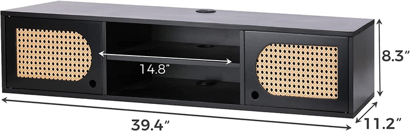 Floating TV Stand Wall Mounted, Mid Century Modern Media Console, Rattan Floating Entertainment Center, Black Floating TV Shelf, Floating TV Cabinet Under TV Shelf, Floating Wall Shelf, 39 inch