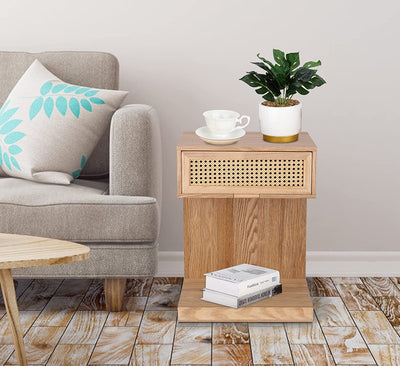 Rattan Nightstand, Side Table with Drawer, Modern Boho Nightstands, Mid-Century Coffee Table, End Table with Storage, Small Side Tables Bedside Table for Bedroom Living Room Balcony (Natural Brown)